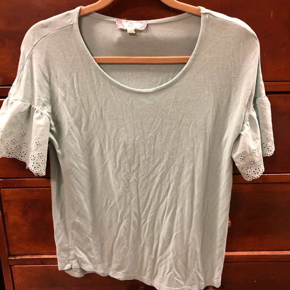 Light teal, lace-trimmed peplum sleeve shirt
